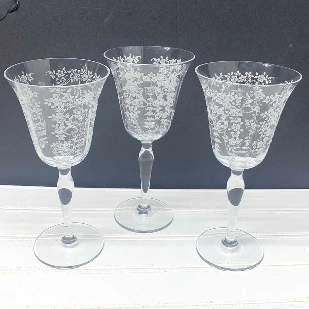 Morgantown Mikado Wine Glass Floral Etched Glasses Set of Three